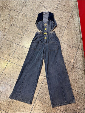 Denim Cut Out Halter Straight Leg Denim Jumpsuit With Gold Hardware Detail